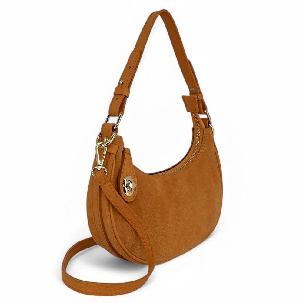 Sac à main demi-lune en croûte de cuir MUNE Camel clair