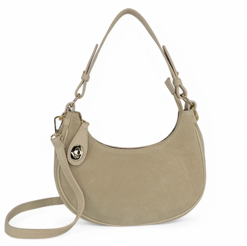 Sac à main demi-lune en croûte de cuir MUNE Taupe clair