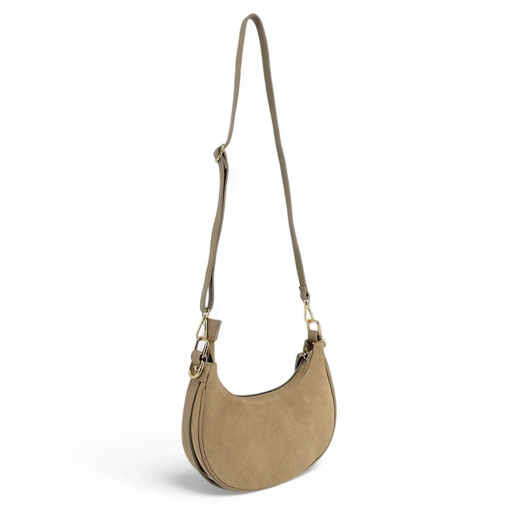 Sac à main demi-lune en croûte de cuir MUNE Taupe