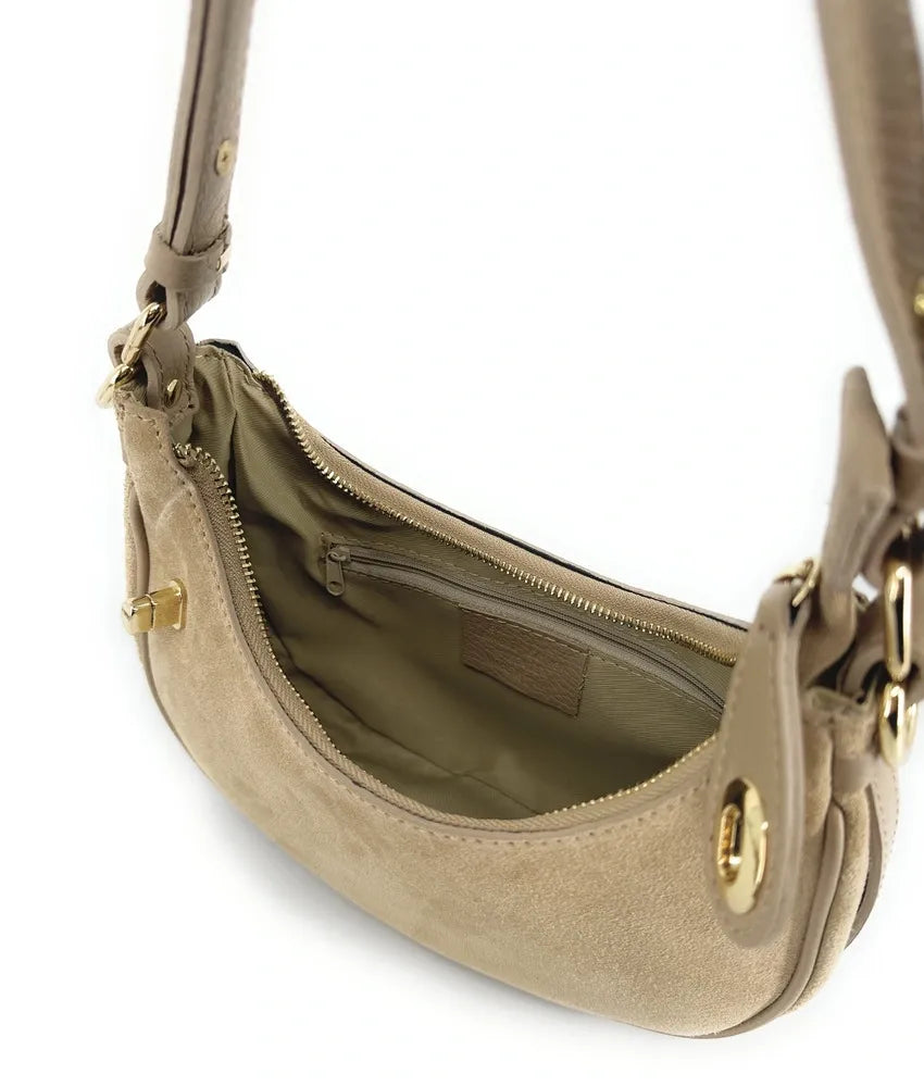 Sac à main demi-lune en croûte de cuir MUNE Taupe
