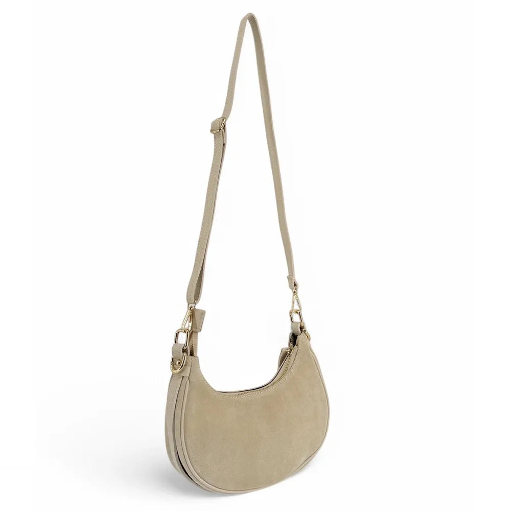 Sac à main demi-lune en croûte de cuir MUNE Taupe clair