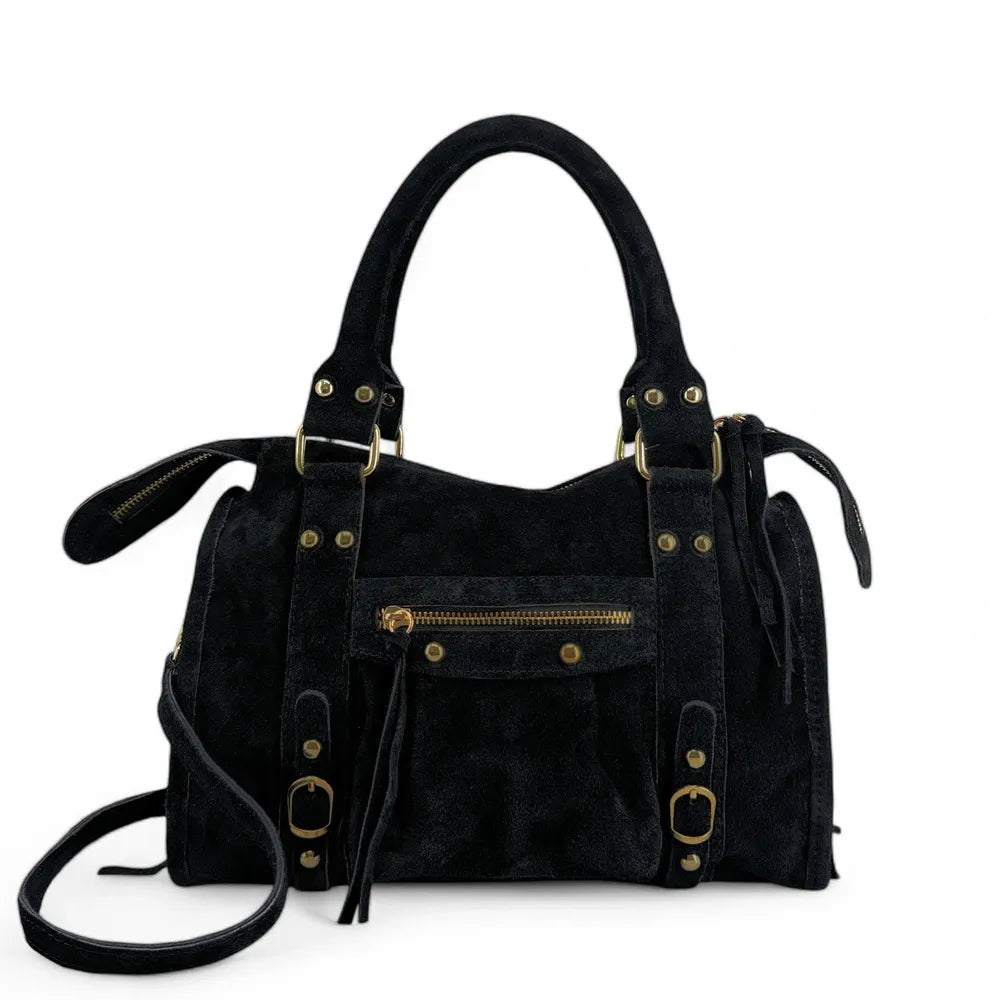 Sac à main en croûte de cuir STORM SUEDE GOLD Noir