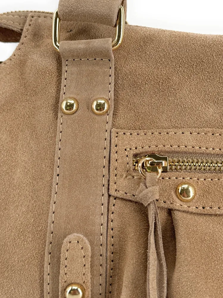 Sac à main en croûte de cuir STORM SUEDE GOLD Taupe clair