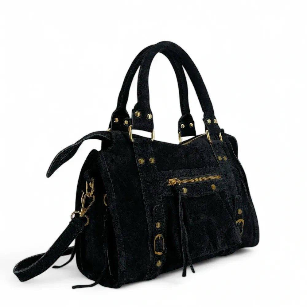 Sac à main en croûte de cuir STORM SUEDE GOLD Noir