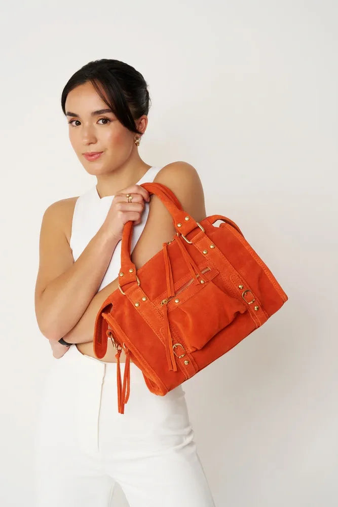 Sac à main en croûte de cuir STORM SUEDE GOLD Mandarine