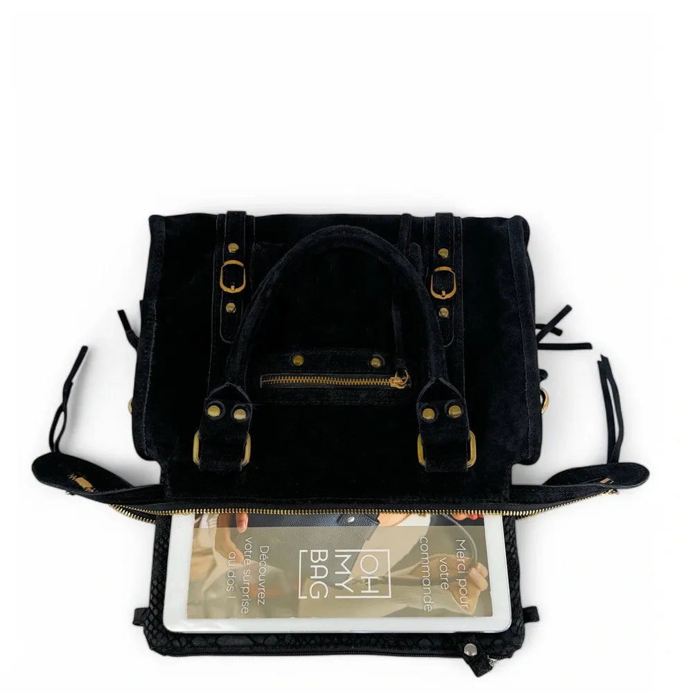 Sac à main en croûte de cuir STORM SUEDE GOLD Noir