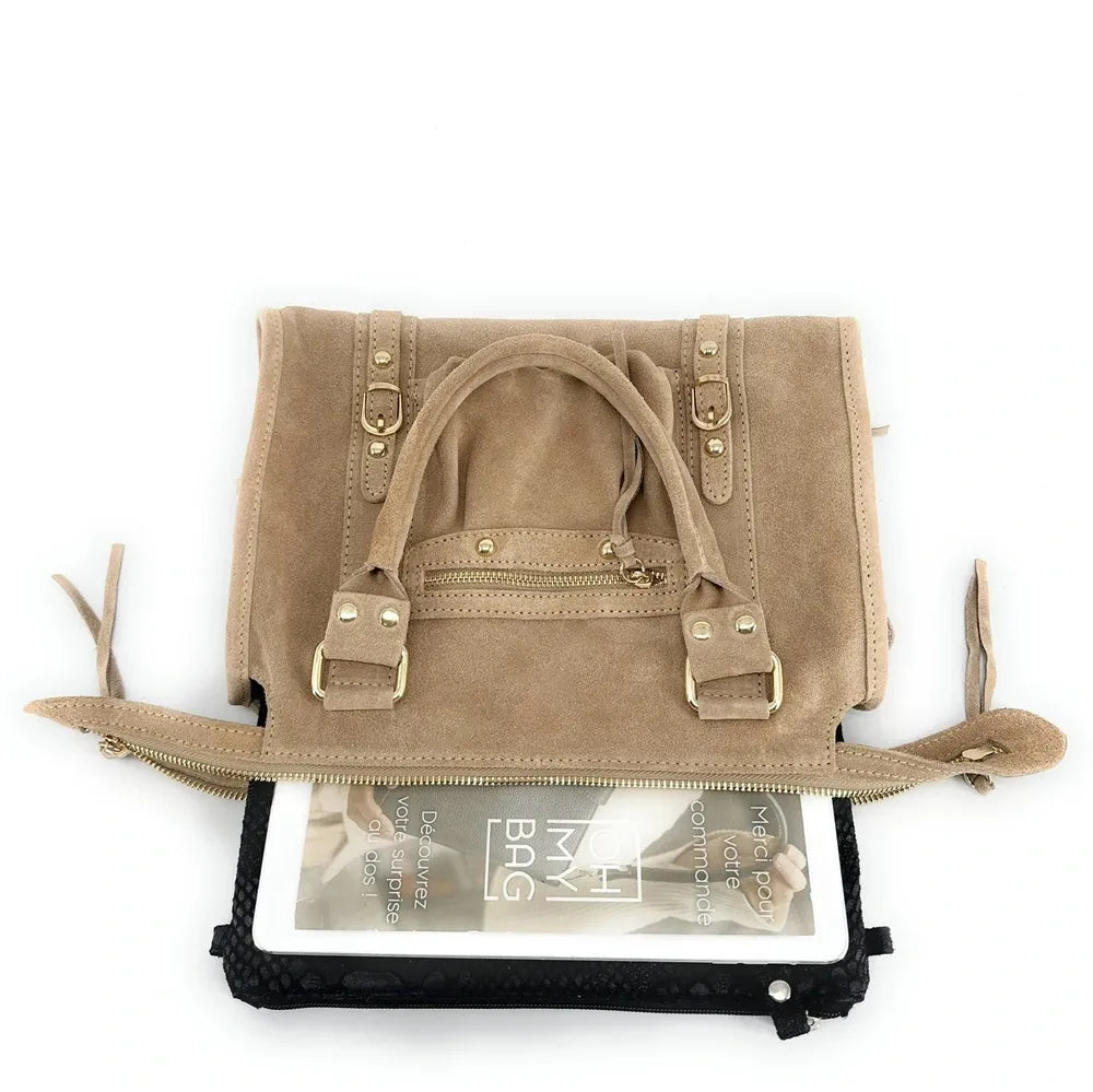 Sac à main en croûte de cuir STORM SUEDE GOLD Taupe clair