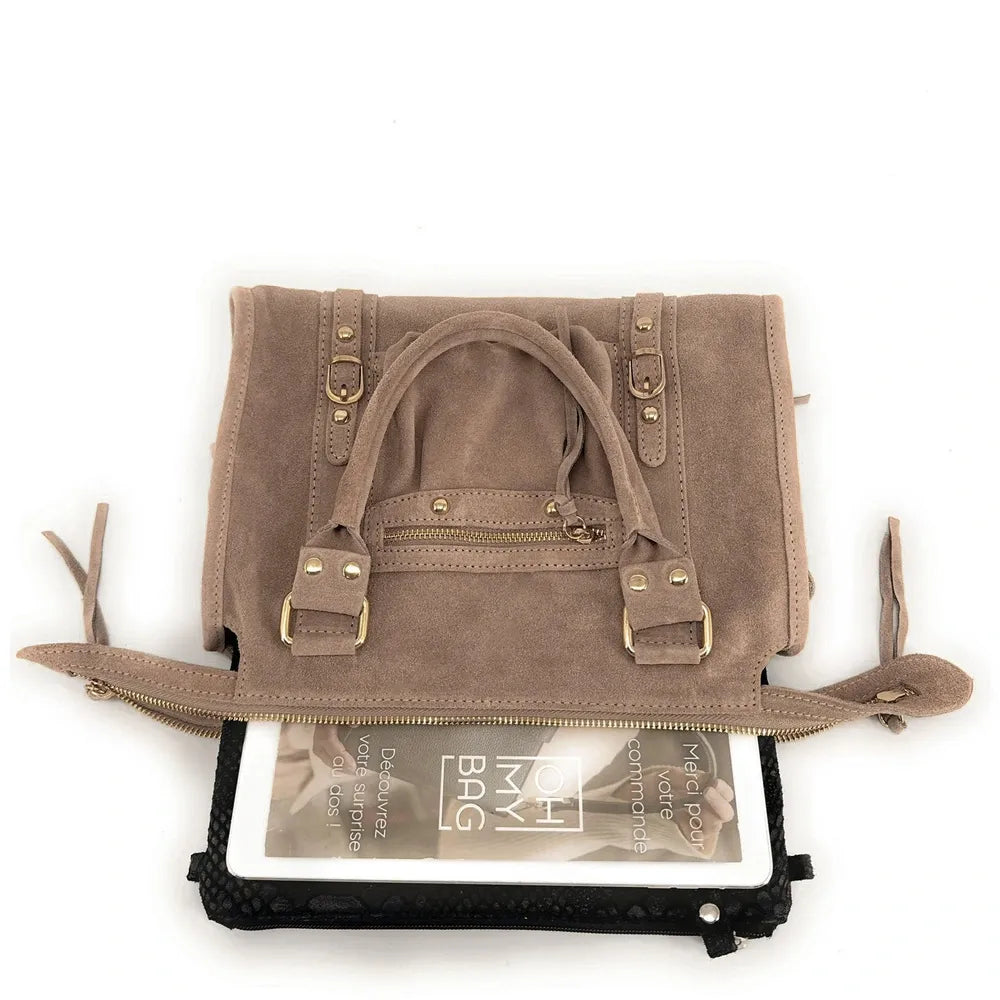 Sac à main en croûte de cuir STORM SUEDE GOLD Taupe
