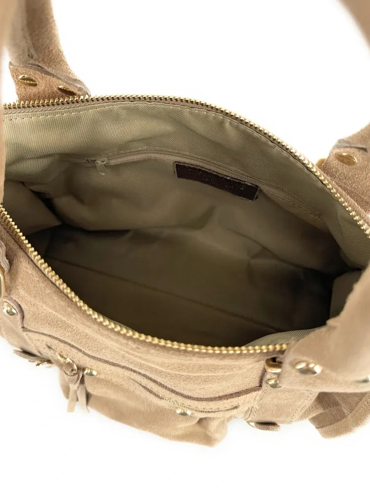 Sac à main en croûte de cuir STORM SUEDE GOLD Taupe clair