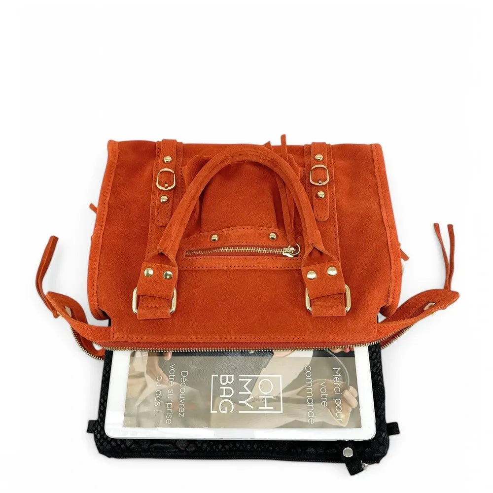 Sac à main en croûte de cuir STORM SUEDE GOLD Mandarine