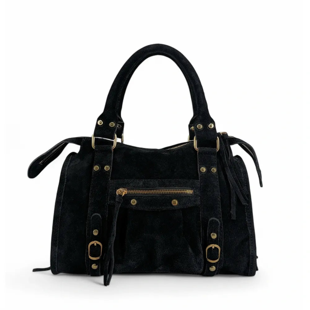 Sac à main en croûte de cuir STORM SUEDE GOLD Noir