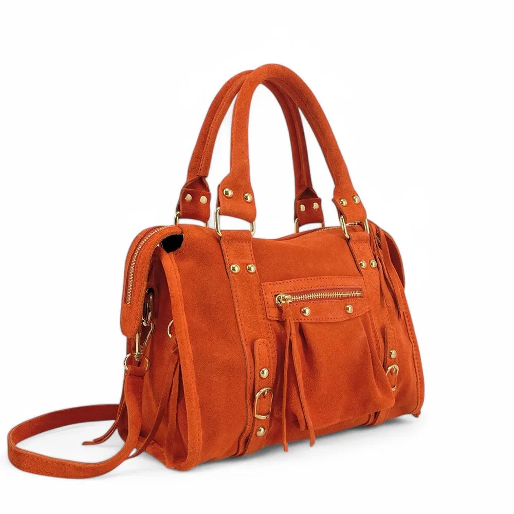 Sac à main en croûte de cuir STORM SUEDE GOLD Mandarine