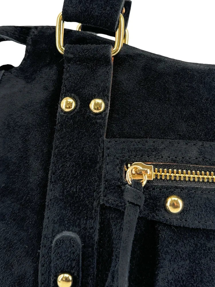 Sac à main en croûte de cuir STORM SUEDE GOLD Noir