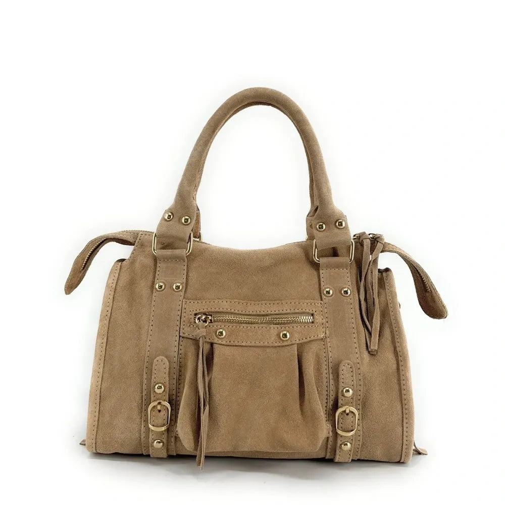 Sac à main en croûte de cuir STORM SUEDE GOLD Taupe clair
