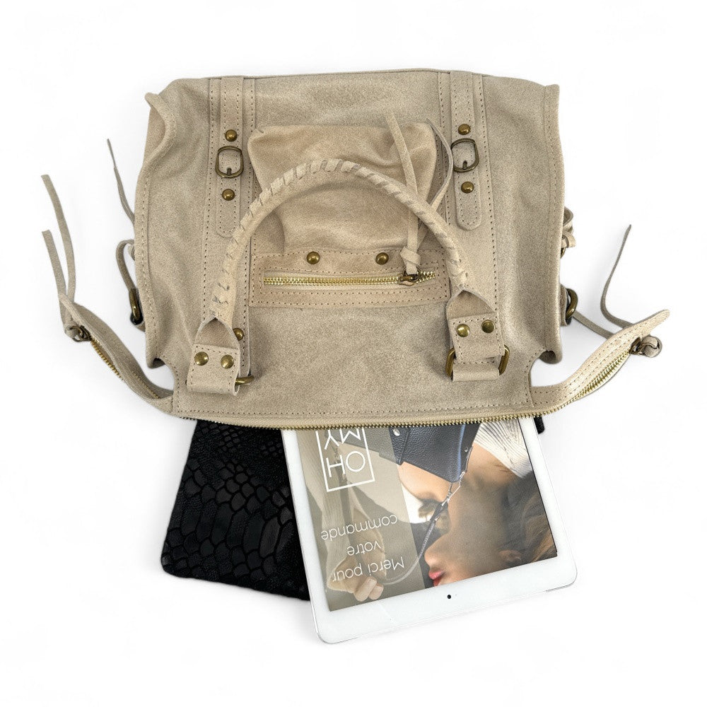 Sac à main en cuir brossé SANDSTORM (petit modèle) Beige crème