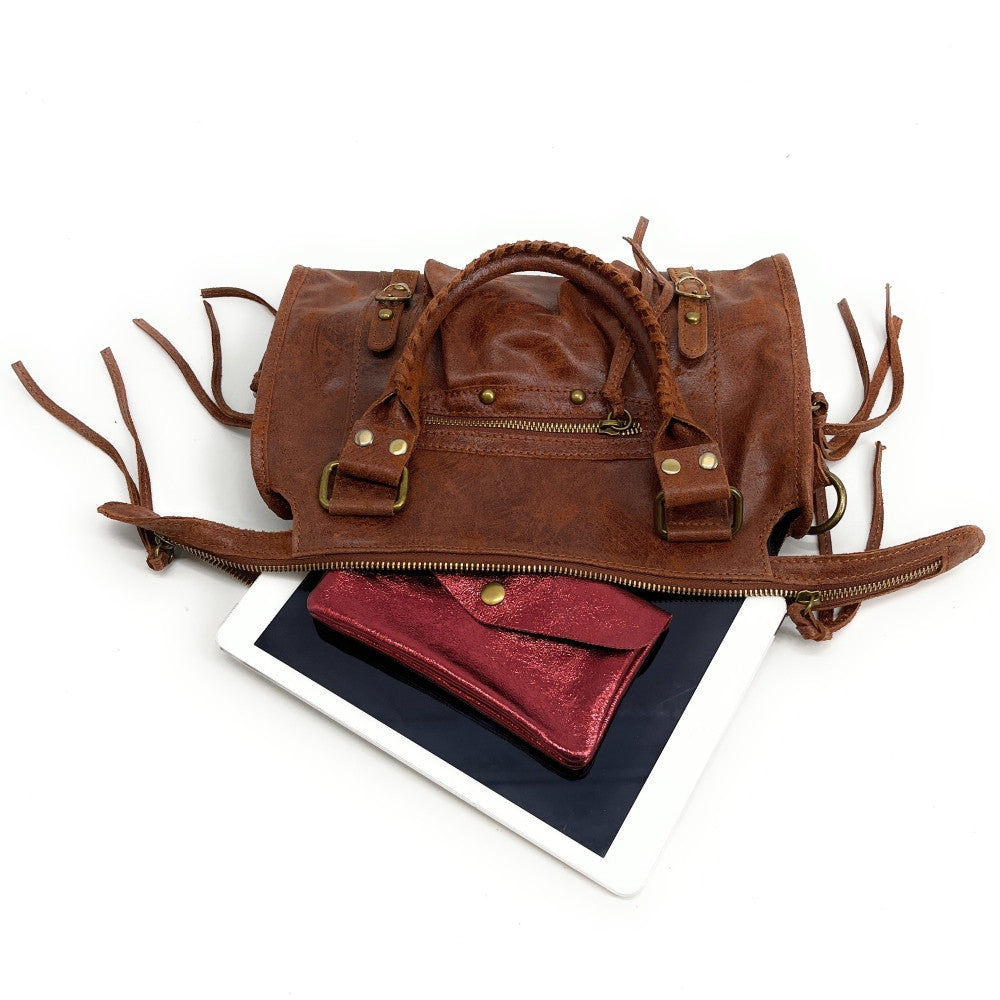 Sac à main en cuir brossé SANDSTORM (petit modèle) Cognac foncé