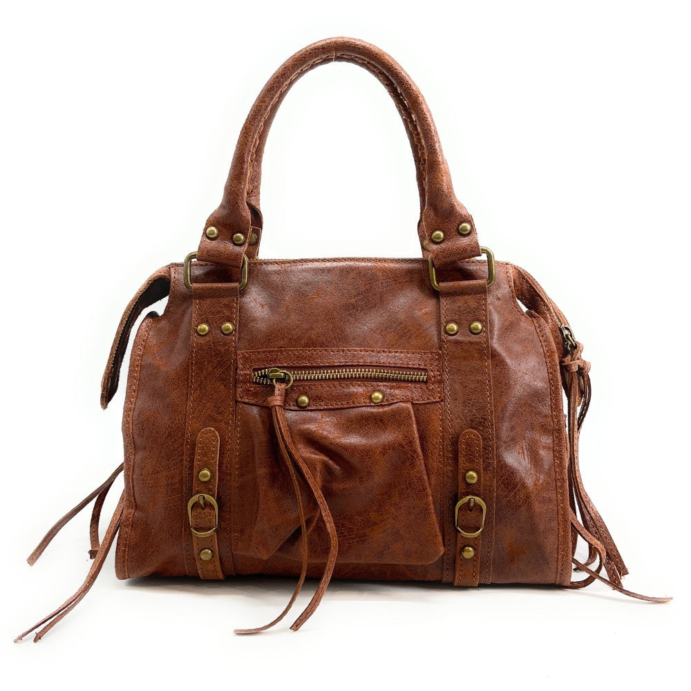 Sac à main en cuir brossé SANDSTORM (petit modèle) Cognac foncé