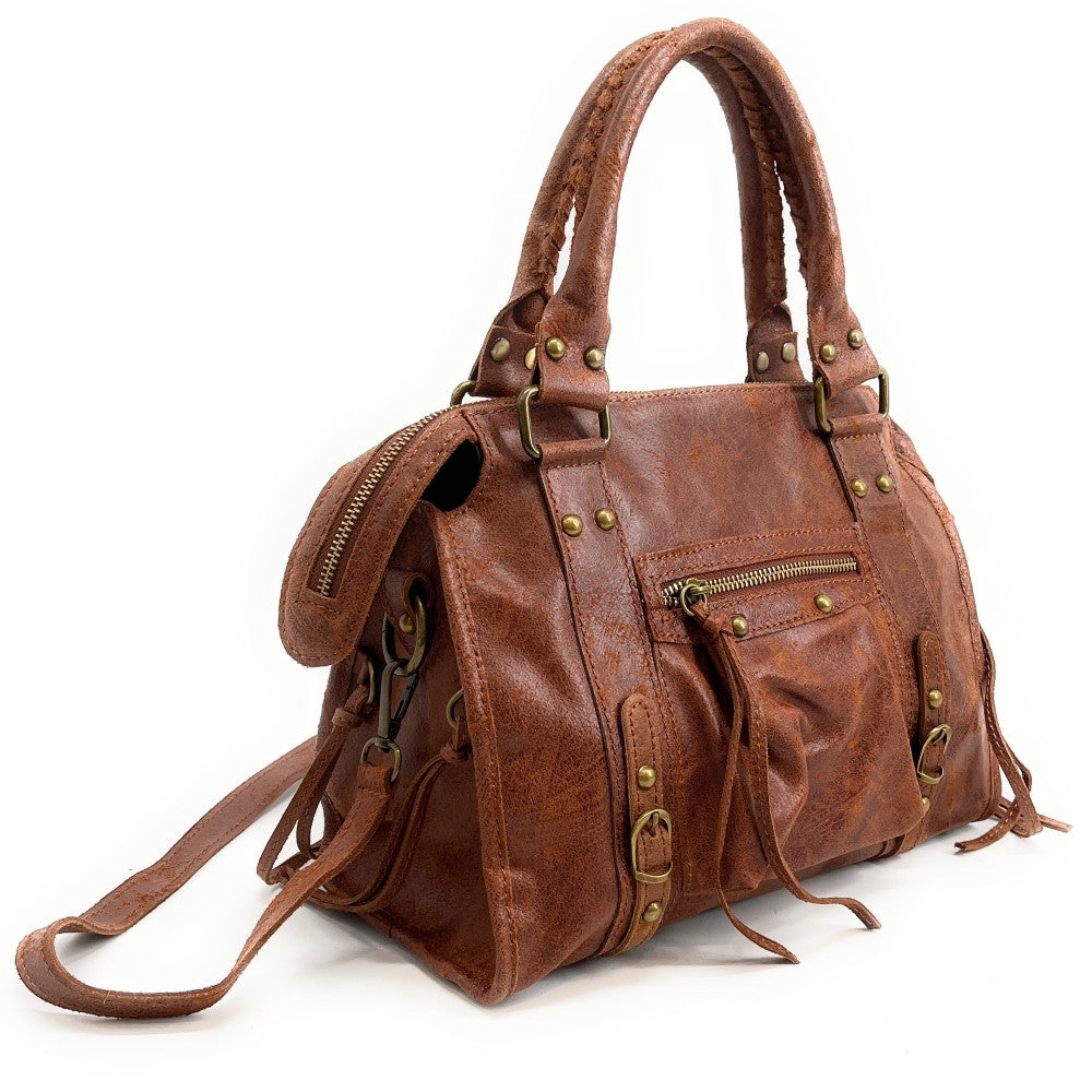 Sac à main en cuir brossé SANDSTORM (petit modèle) Cognac foncé
