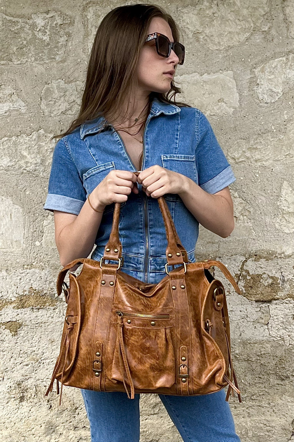Sac à main en cuir brossé SANDSTORM Camel foncé