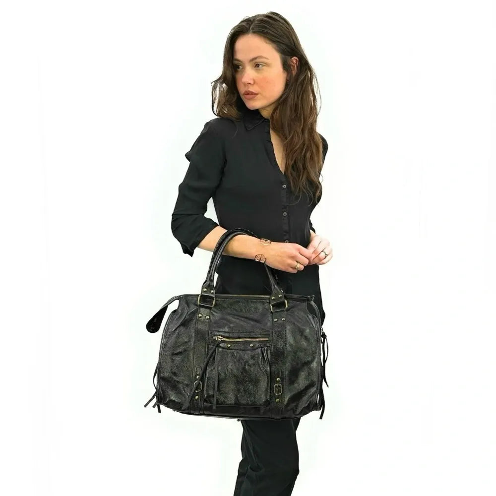 Sac à main en cuir brossé SANDSTORM Noir glossy