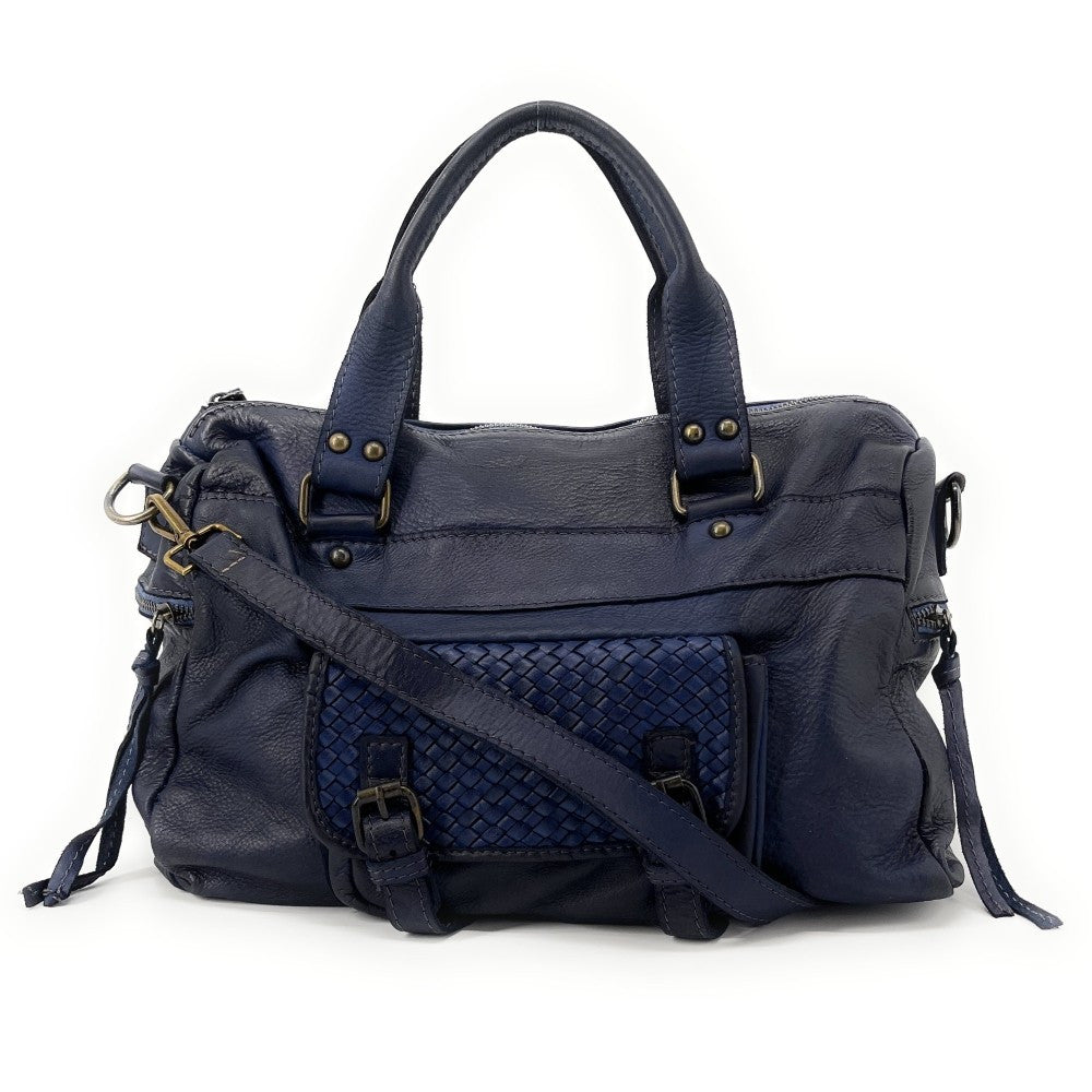 Sac en cuir vintage MISS EUGENIE Bleu marine