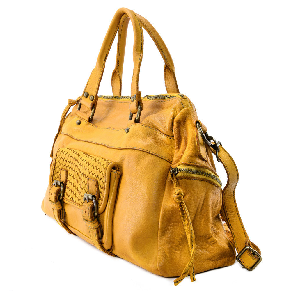Sac en cuir vintage MISS EUGENIE Jaune Moutarde