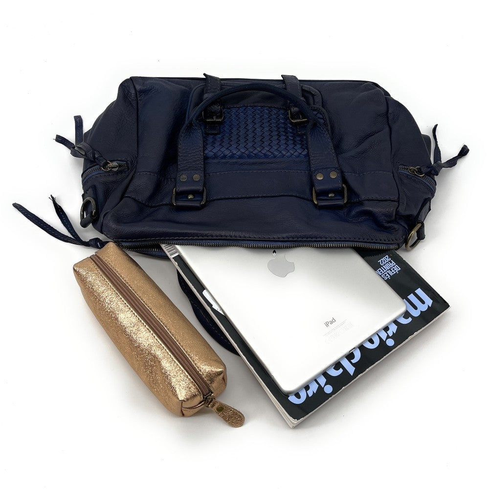 Sac en cuir vintage MISS EUGENIE Bleu marine