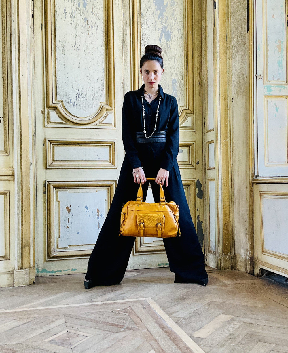 Sac en cuir vintage MISS EUGENIE Jaune Moutarde