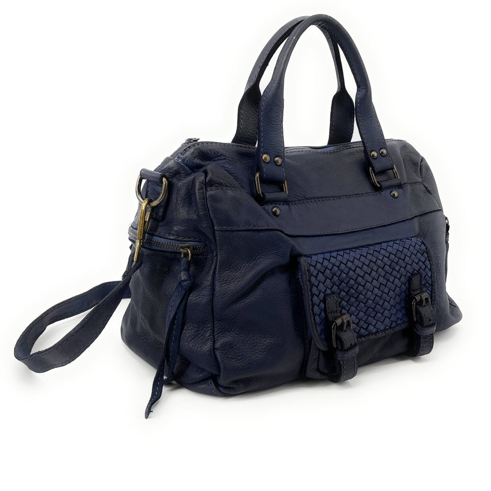 Sac en cuir vintage MISS EUGENIE Bleu marine