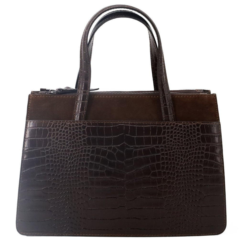 Sac à main en cuir façon croco et croûte de cuir ASCOTT Chocolat