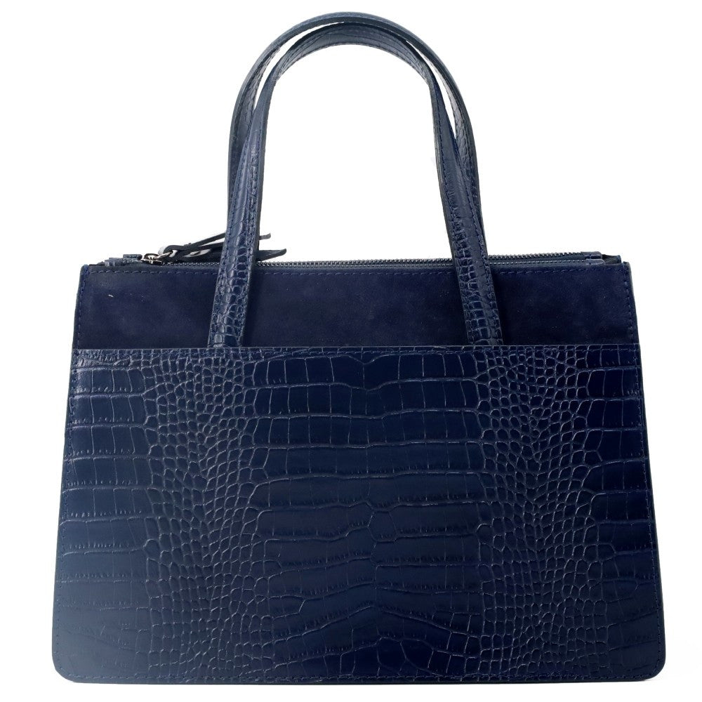 Sac à main en cuir façon croco et croûte de cuir ASCOTT Bleu marine