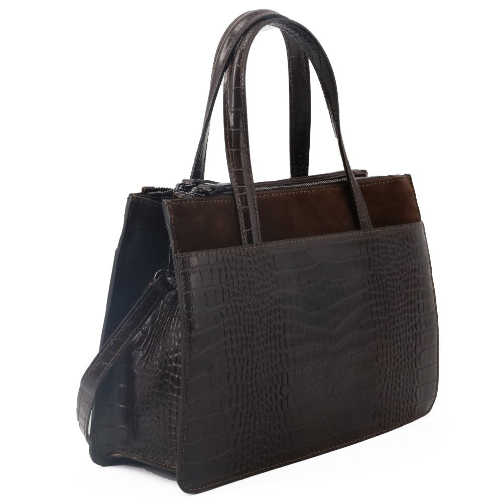 Sac à main en cuir façon croco et croûte de cuir ASCOTT Chocolat
