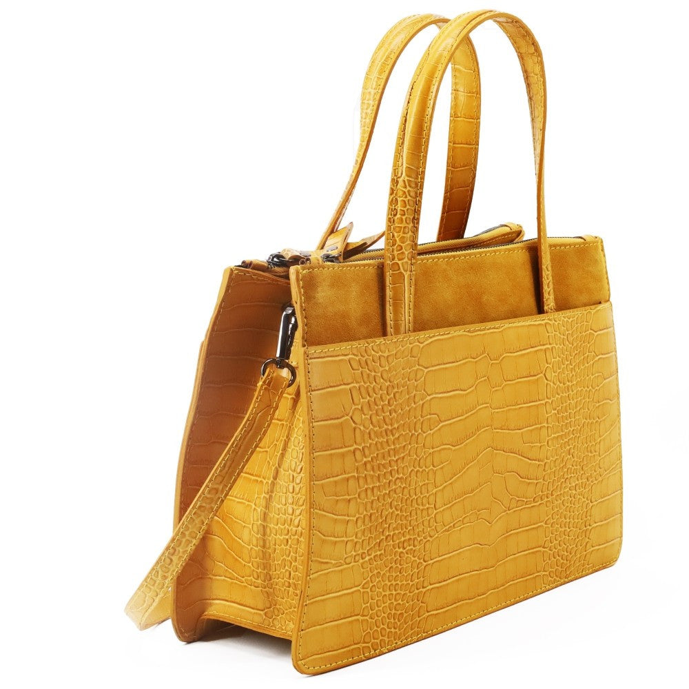 Sac à main en cuir façon croco et croûte de cuir ASCOTT Jaune Moutarde