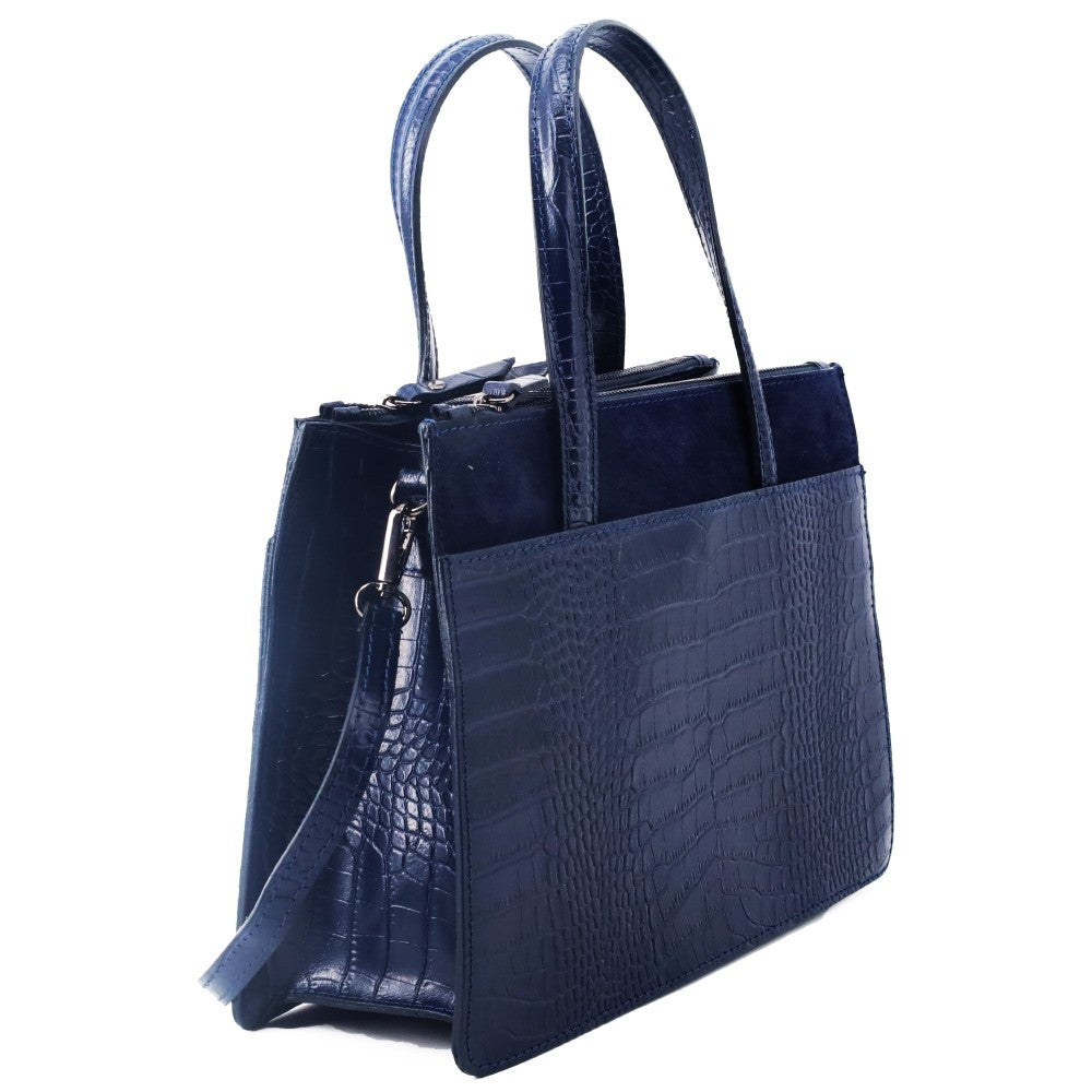 Sac à main en cuir façon croco et croûte de cuir ASCOTT Bleu marine