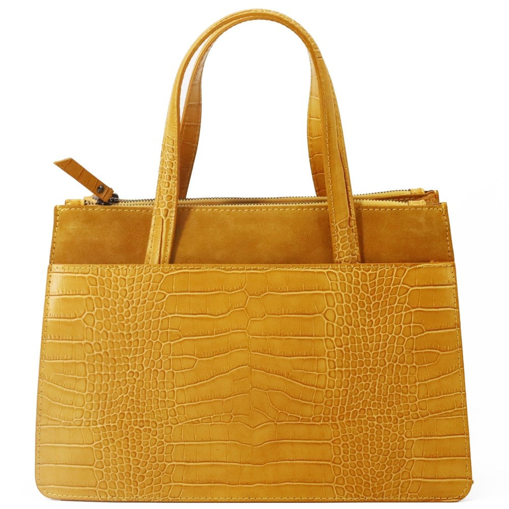 Sac à main en cuir façon croco et croûte de cuir ASCOTT Jaune Moutarde