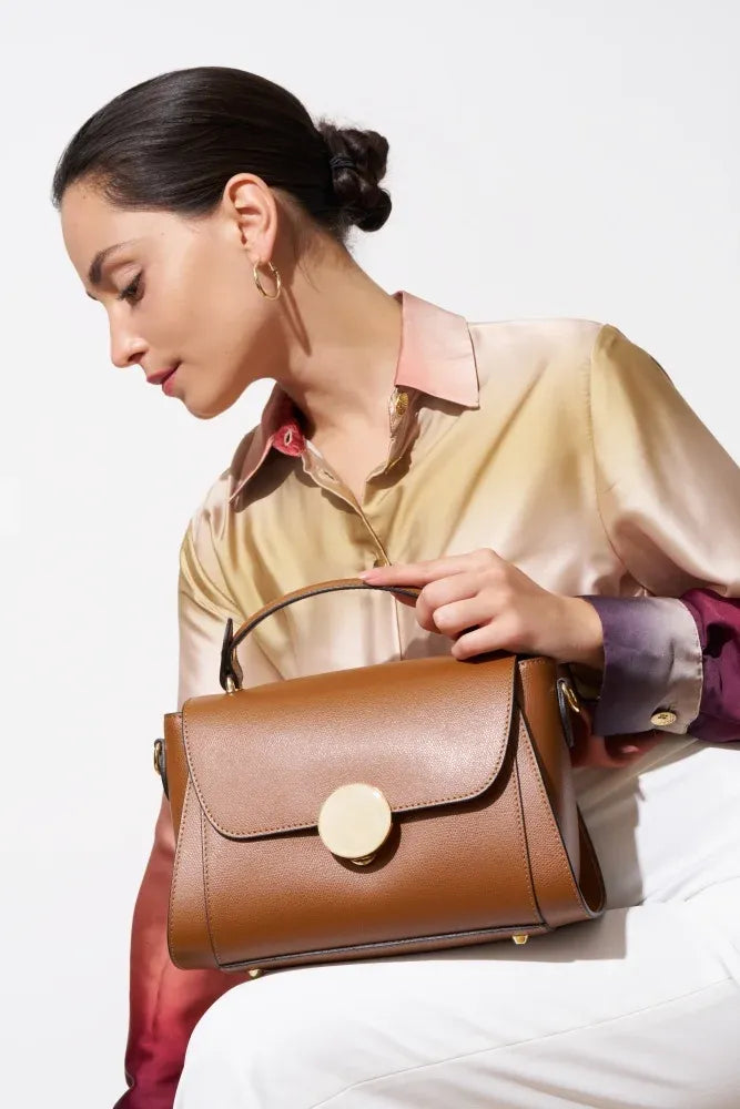 Sac à main en cuir grainé APOLLINE Camel foncé