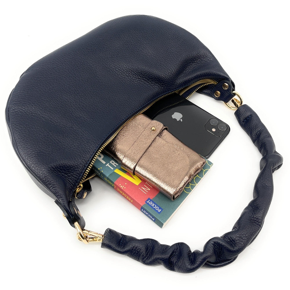 Sac demi-lune porté épaule en cuir grainé AURORA Bleu marine