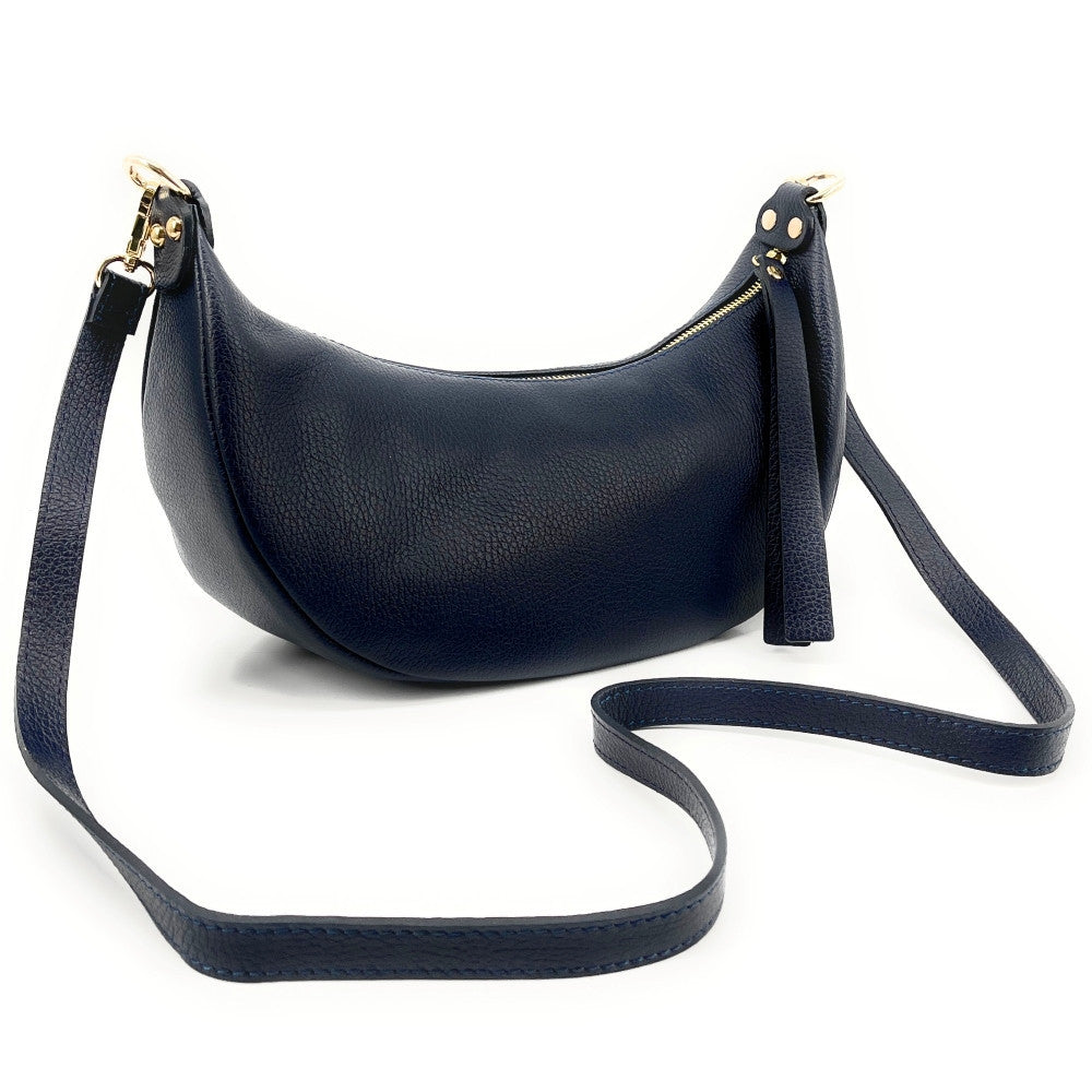 Sac demi-lune porté épaule en cuir grainé AURORA Bleu marine