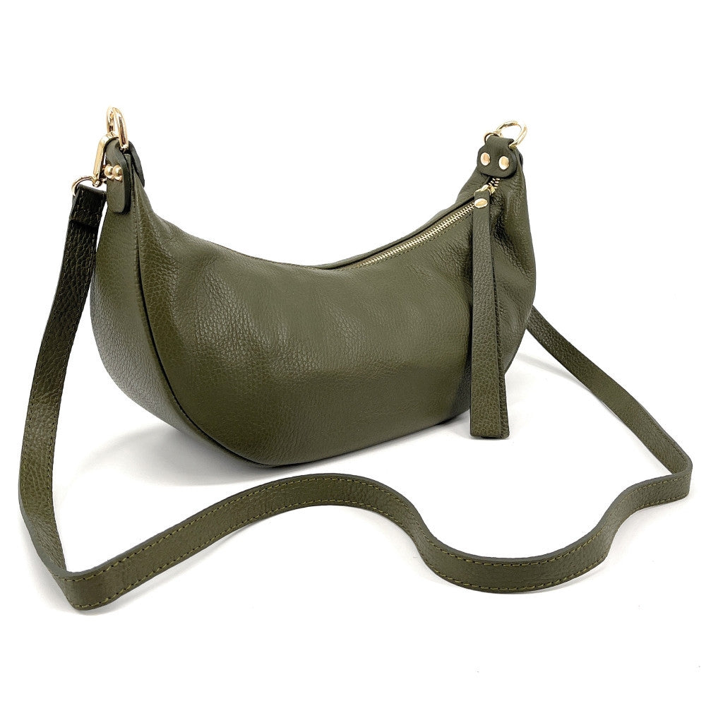 Sac demi-lune porté épaule en cuir grainé AURORA Kaki