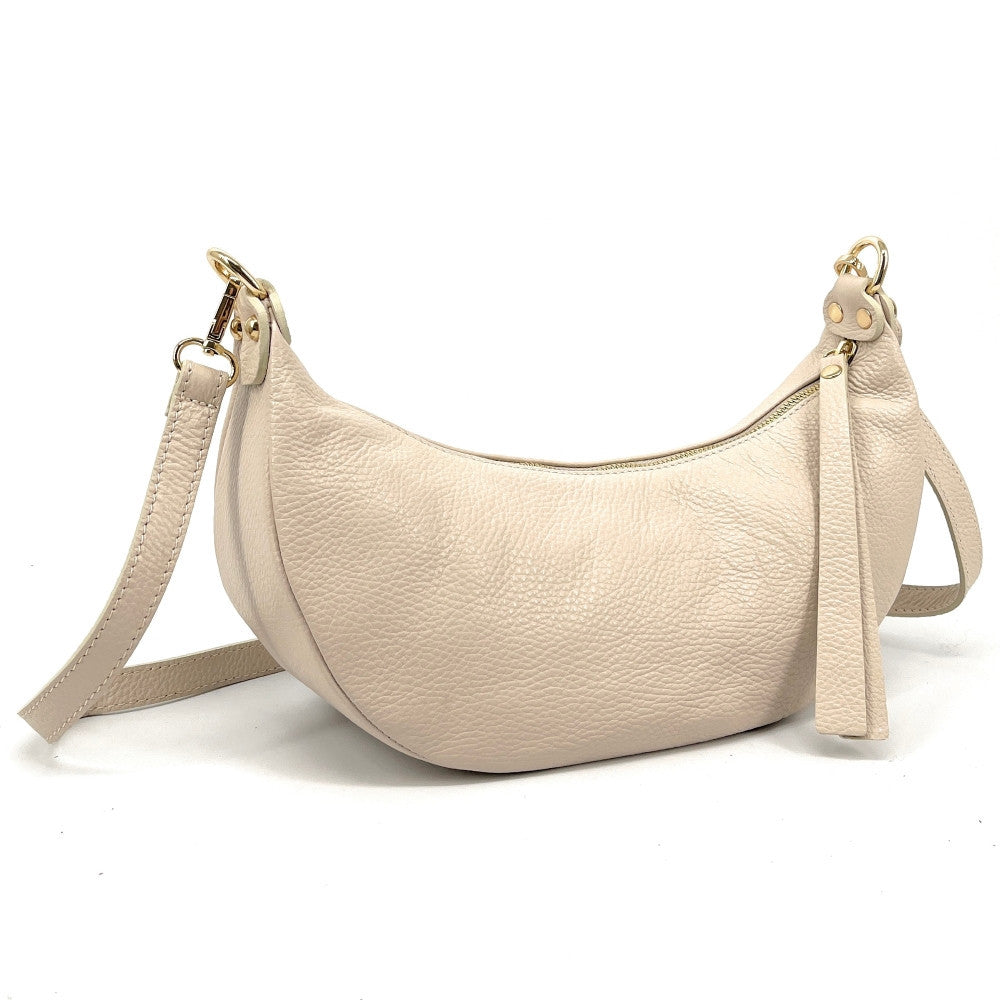 Sac demi-lune porté épaule en cuir grainé AURORA Beige crème