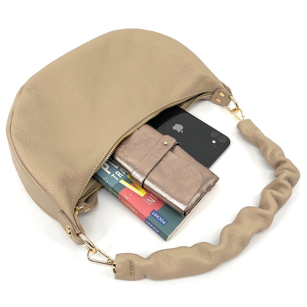 Sac demi-lune porté épaule en cuir grainé AURORA Taupe clair