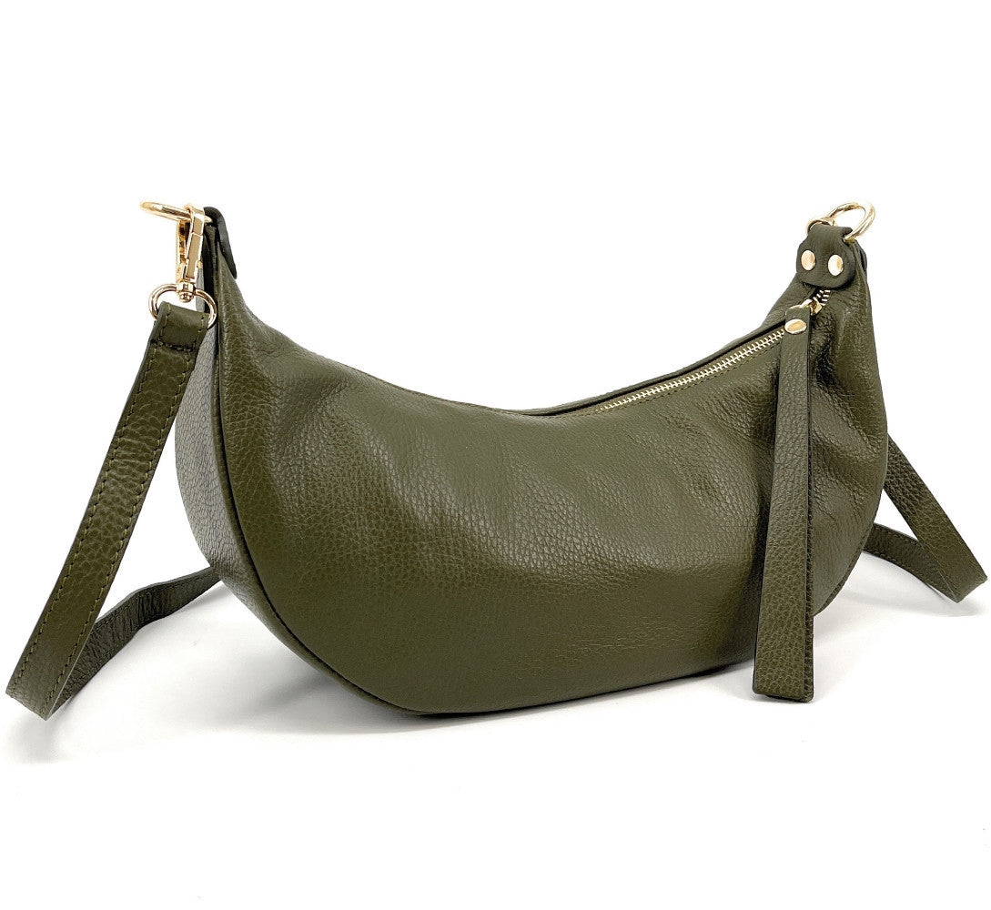 Sac demi-lune porté épaule en cuir grainé AURORA Kaki