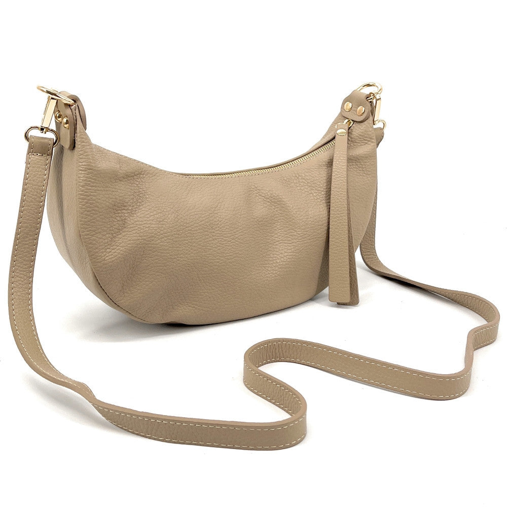 Sac demi-lune porté épaule en cuir grainé AURORA Taupe clair