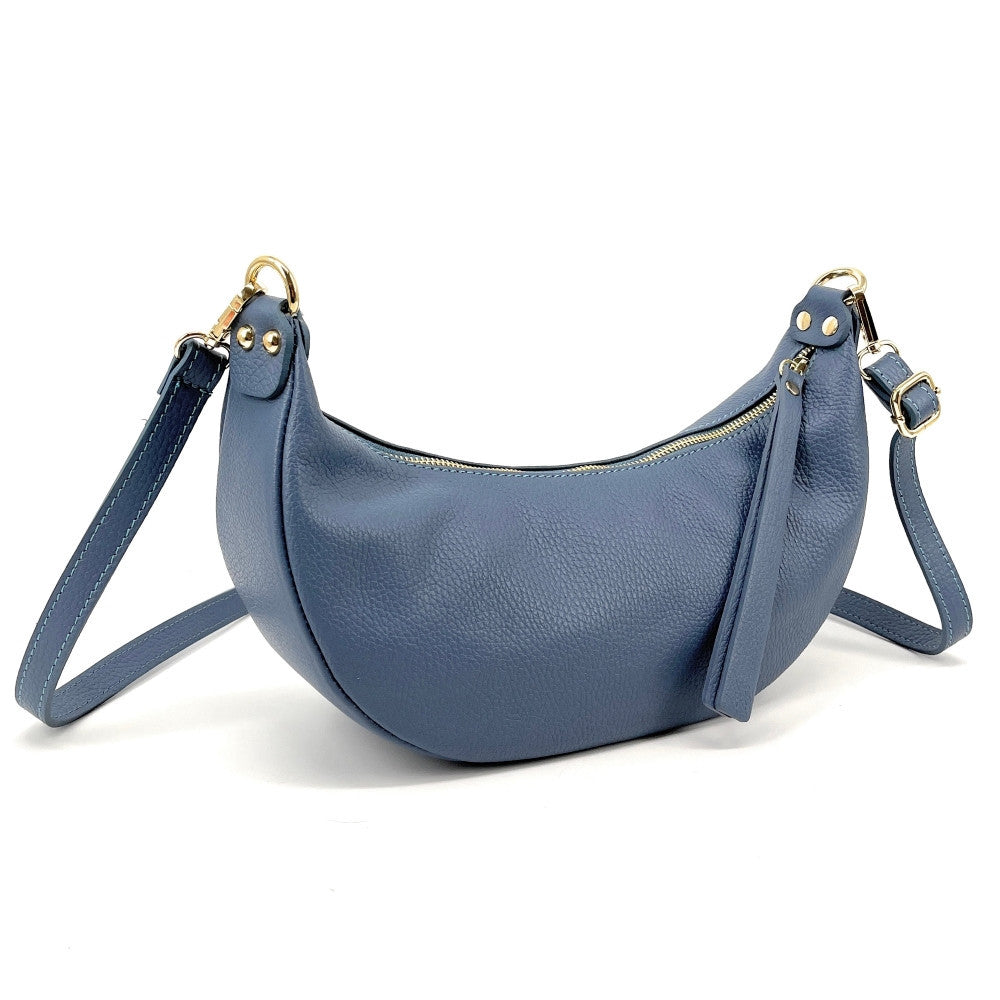 Sac demi-lune porté épaule en cuir grainé AURORA Bleu glacier