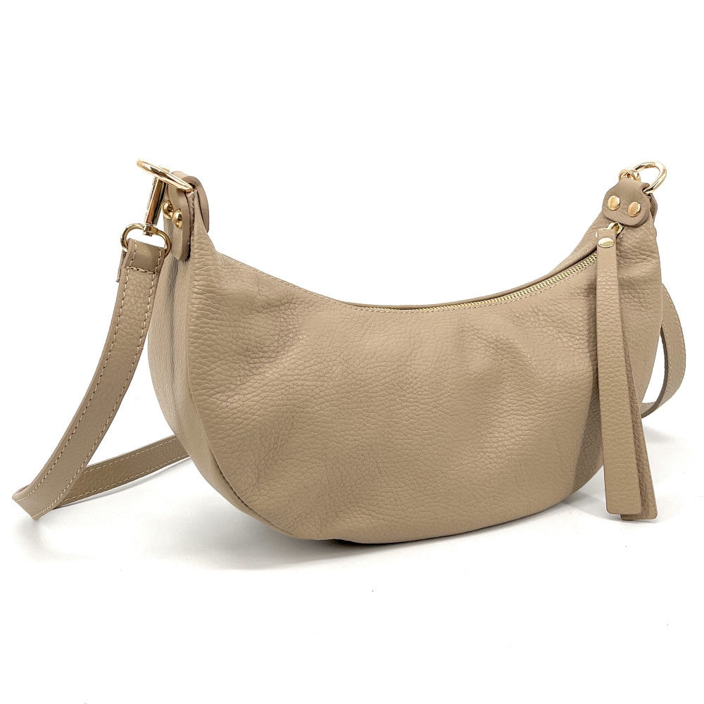Sac demi-lune porté épaule en cuir grainé AURORA Taupe clair
