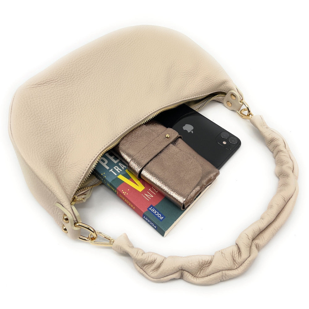 Sac demi-lune porté épaule en cuir grainé AURORA Beige crème