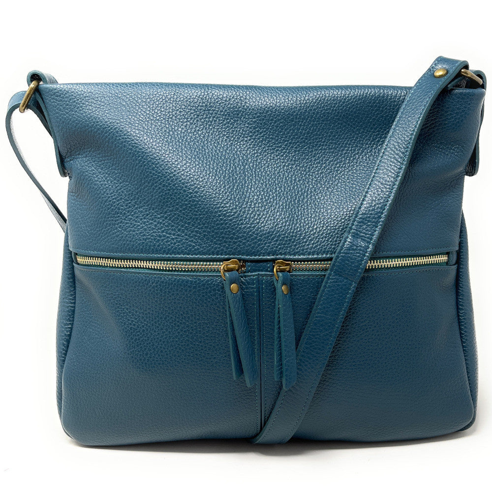 Sac bandoulière en cuir grainé CLEM Bleu vert canard