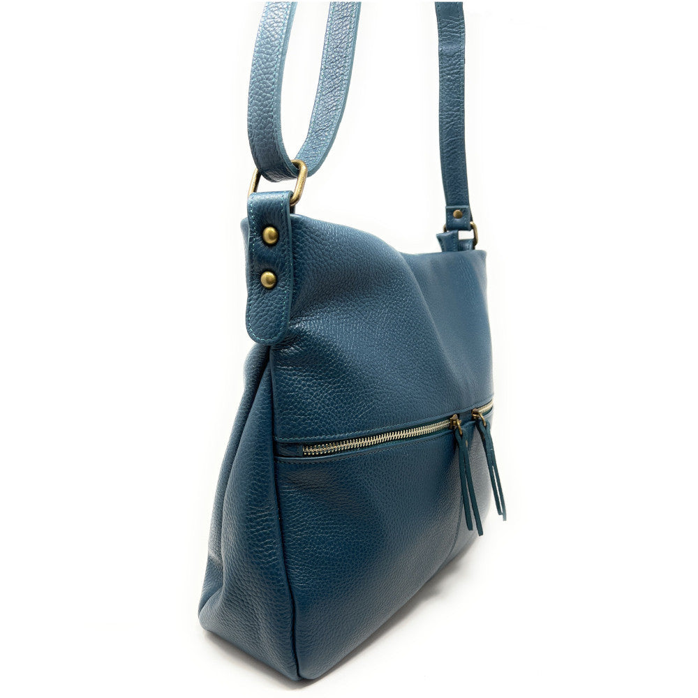 Sac bandoulière en cuir grainé CLEM Bleu vert canard