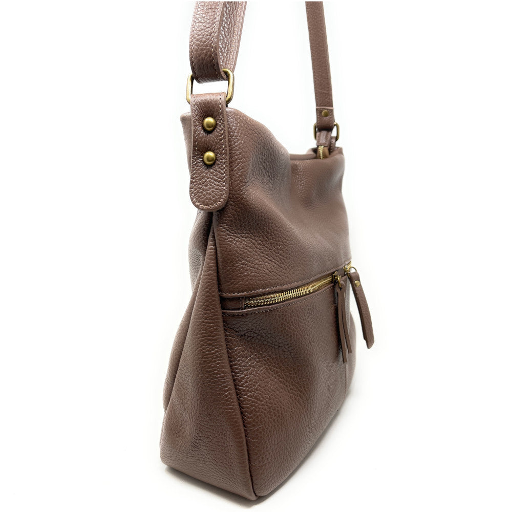 Sac bandoulière en cuir grainé CLEM Taupe foncé