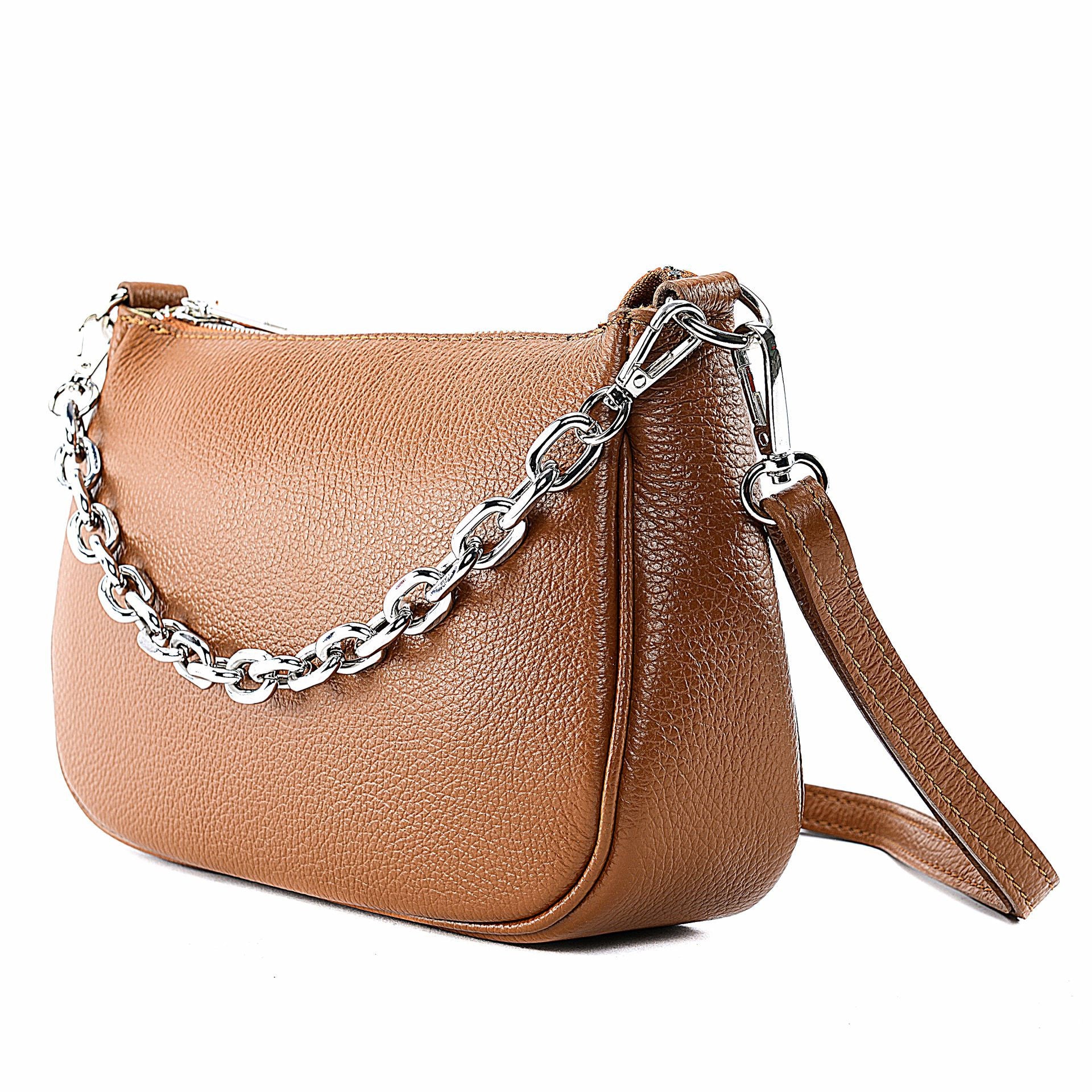 Sac french stick en cuir grainé VICTORIA Cognac foncé